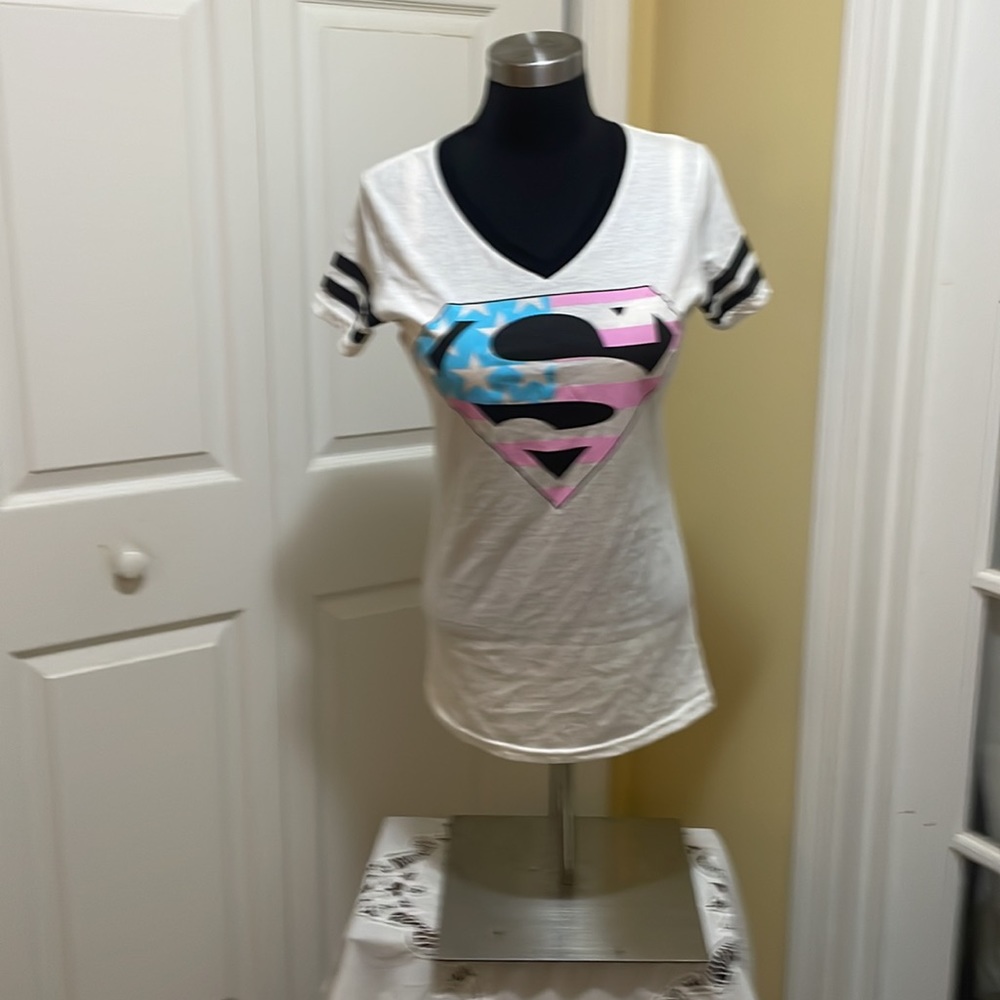 Superman Logo V-Neck Short Sleeve Tee - White with Pastel Accents